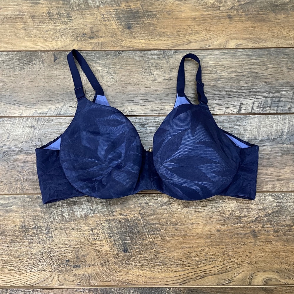 Cacique Navy Blue Tropical Leaf Balconette Bra 38DD Lightly Lined Underwire